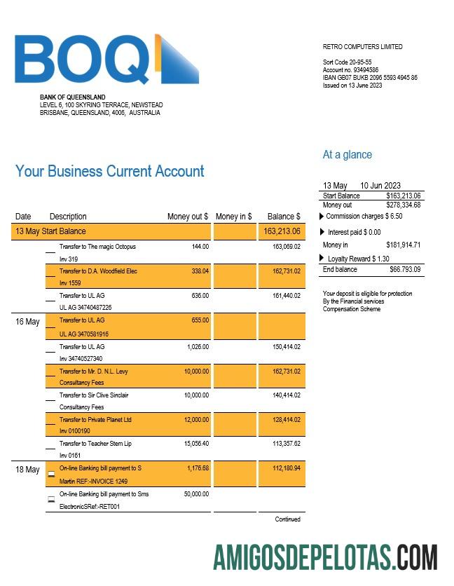 Imprimível BANK Of Queensland Business Checking modelo de extrato de conta Word e PDF